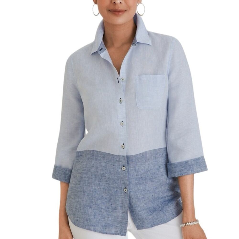 Chico’s Fresh Chic Linen Colorblock Blue Button shirt size 1 Small